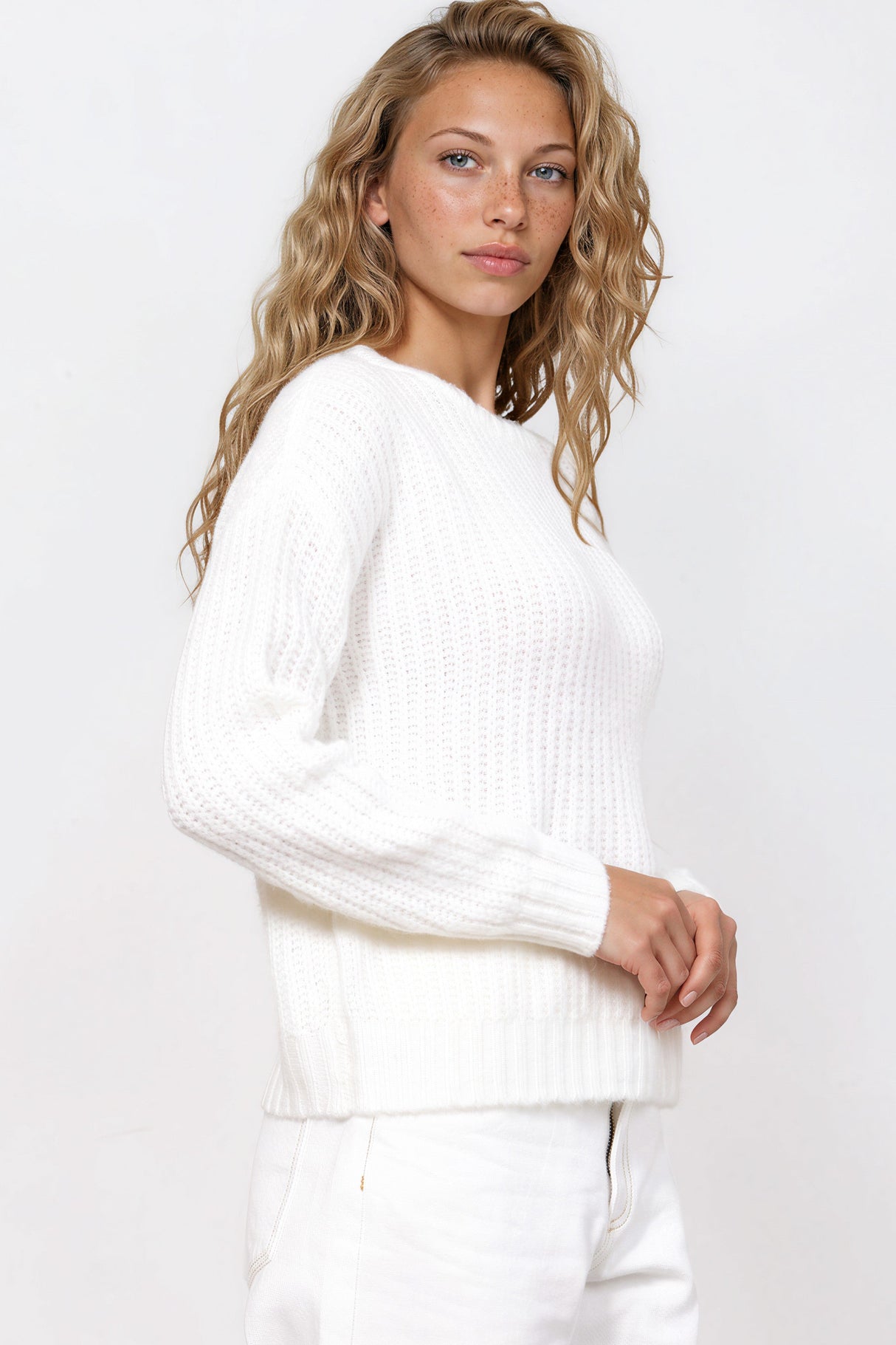 Model wearing Deanne Jumper in White from Salty Crush