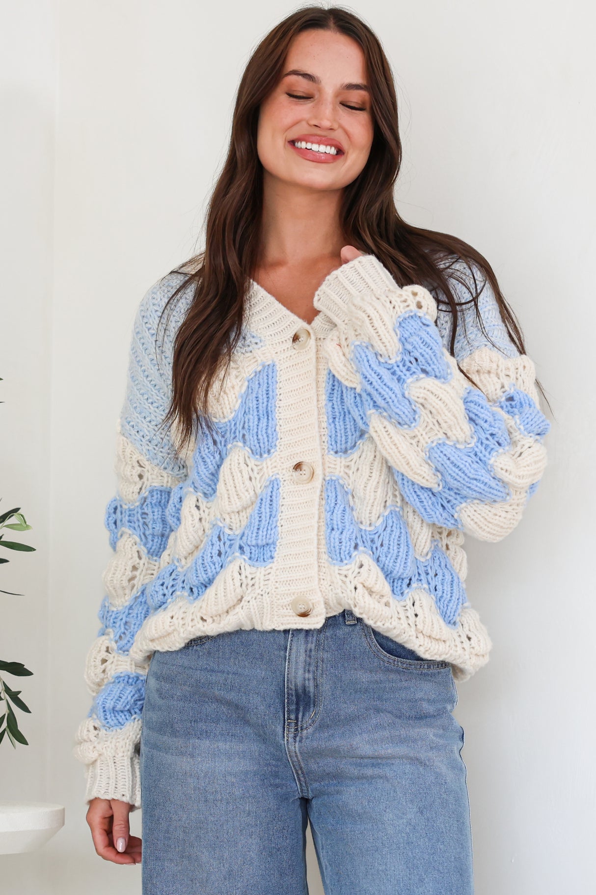 Deborah Cardigan - Relaxed Button Front Stripe Bubble Knit in Blue