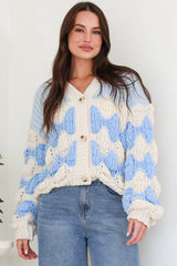 Deborah Cardigan - Relaxed Button Front Stripe Bubble Knit in Blue
