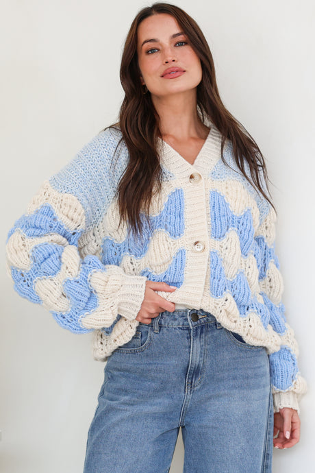 Model wearing Deborah Cardigan in Blue from Salty Crush