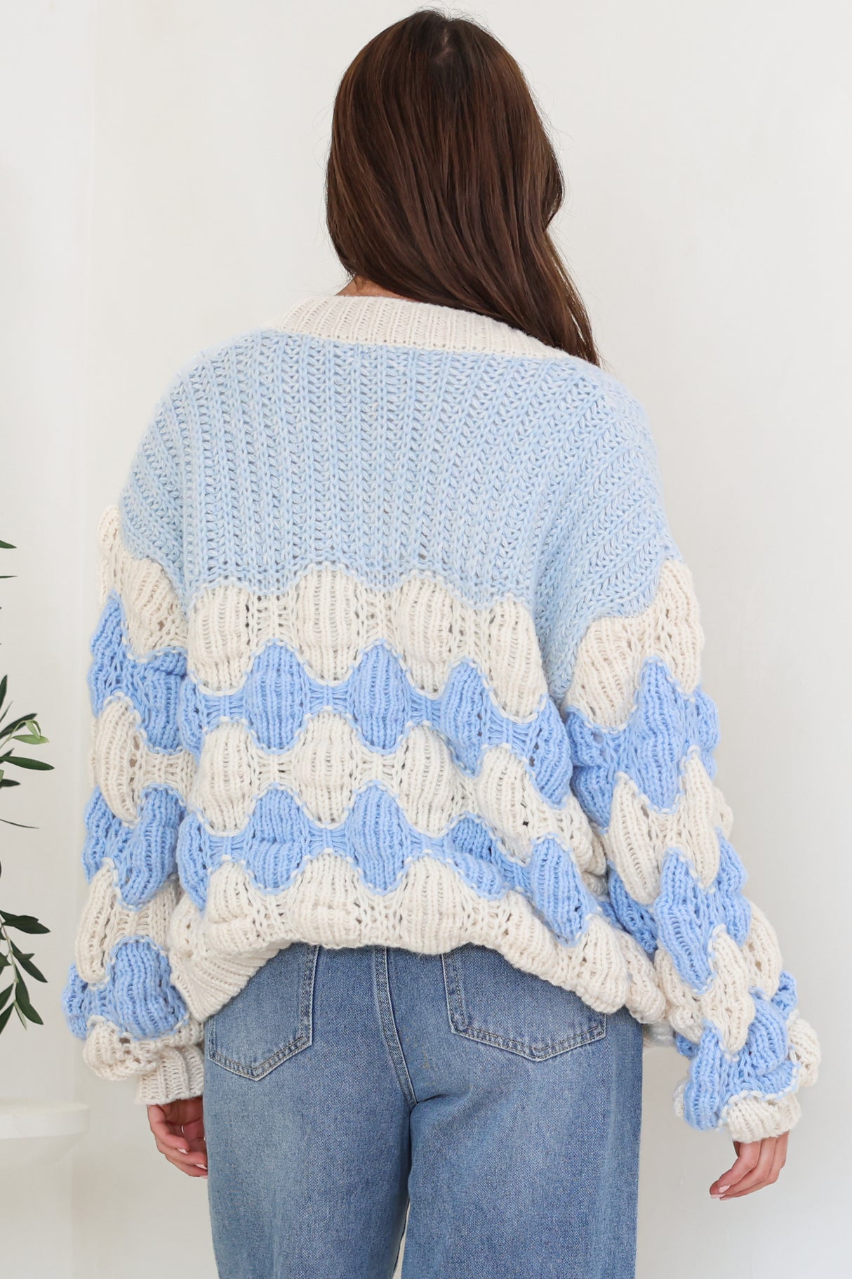 Deborah Cardigan - Relaxed Button Front Stripe Bubble Knit in Blue