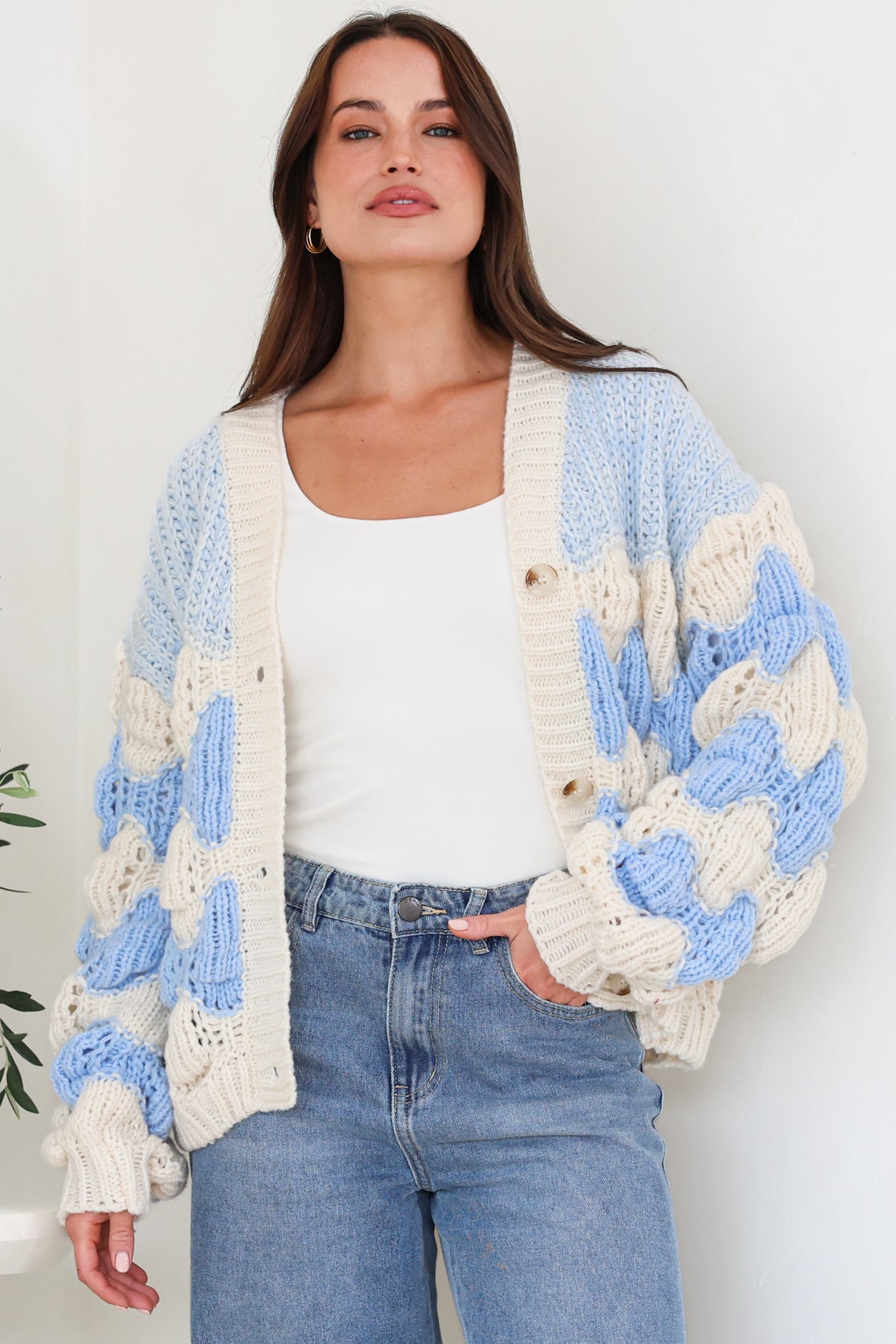 Deborah Cardigan - Relaxed Button Front Stripe Bubble Knit in Blue