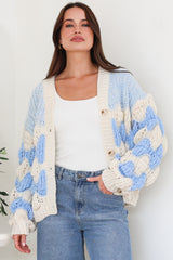 Deborah Cardigan - Relaxed Button Front Stripe Bubble Knit in Blue