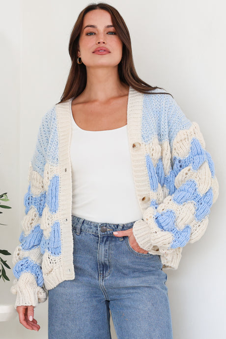 Deborah Cardigan - Relaxed Button Front Stripe Bubble Knit in Blue