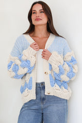 Deborah Cardigan - Relaxed Button Front Stripe Bubble Knit in Blue