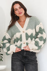 Deborah Cardigan - Relaxed Button Front Stripe Bubble Knit in Green