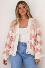 Model wearing Deborah Cardigan in Pink from Salty Crush