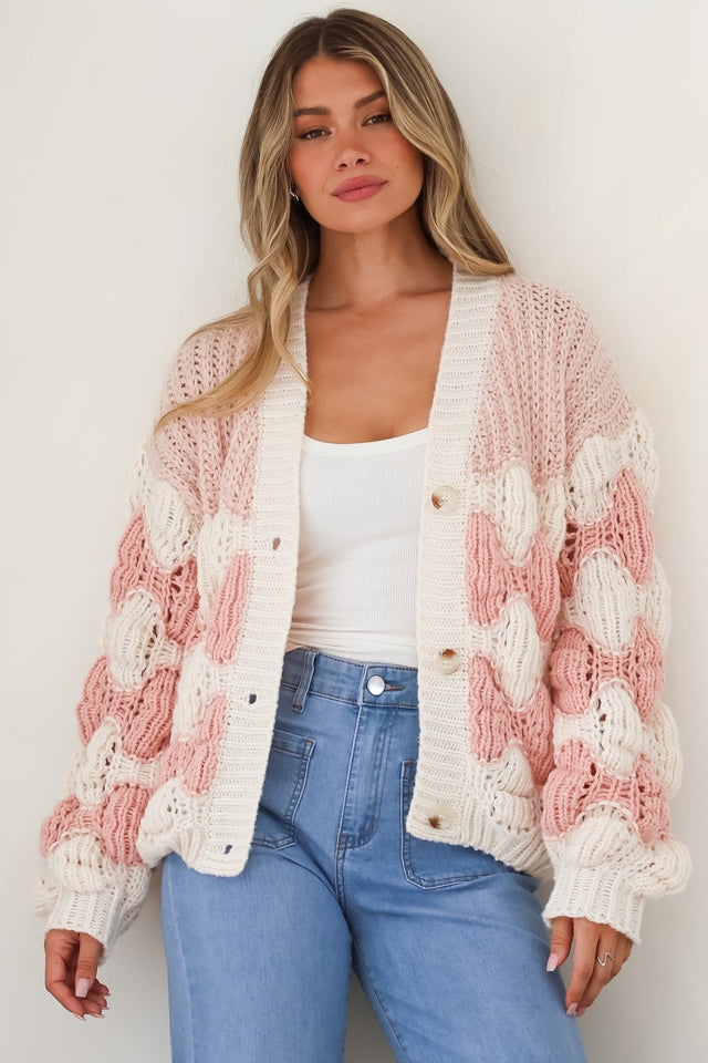 Model wearing Deborah Cardigan in Pink from Salty Crush