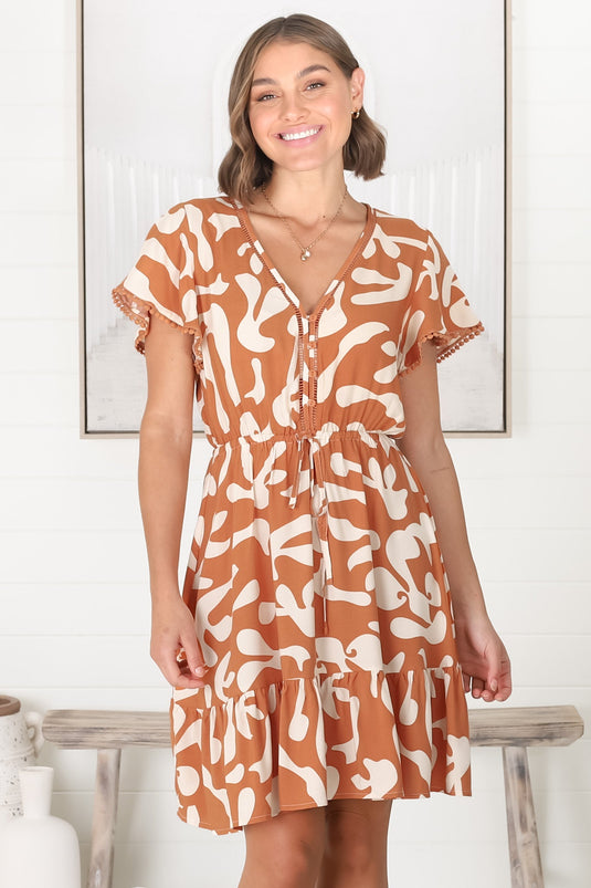 Dee Mini Dress - Crochet Trim Cap Sleeve Dress with Pull Tie Waist in Jaxie Rust