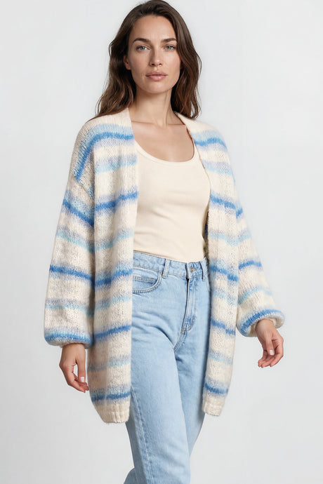 Model wearing Delaney Cardigan in Blue from Salty Crush