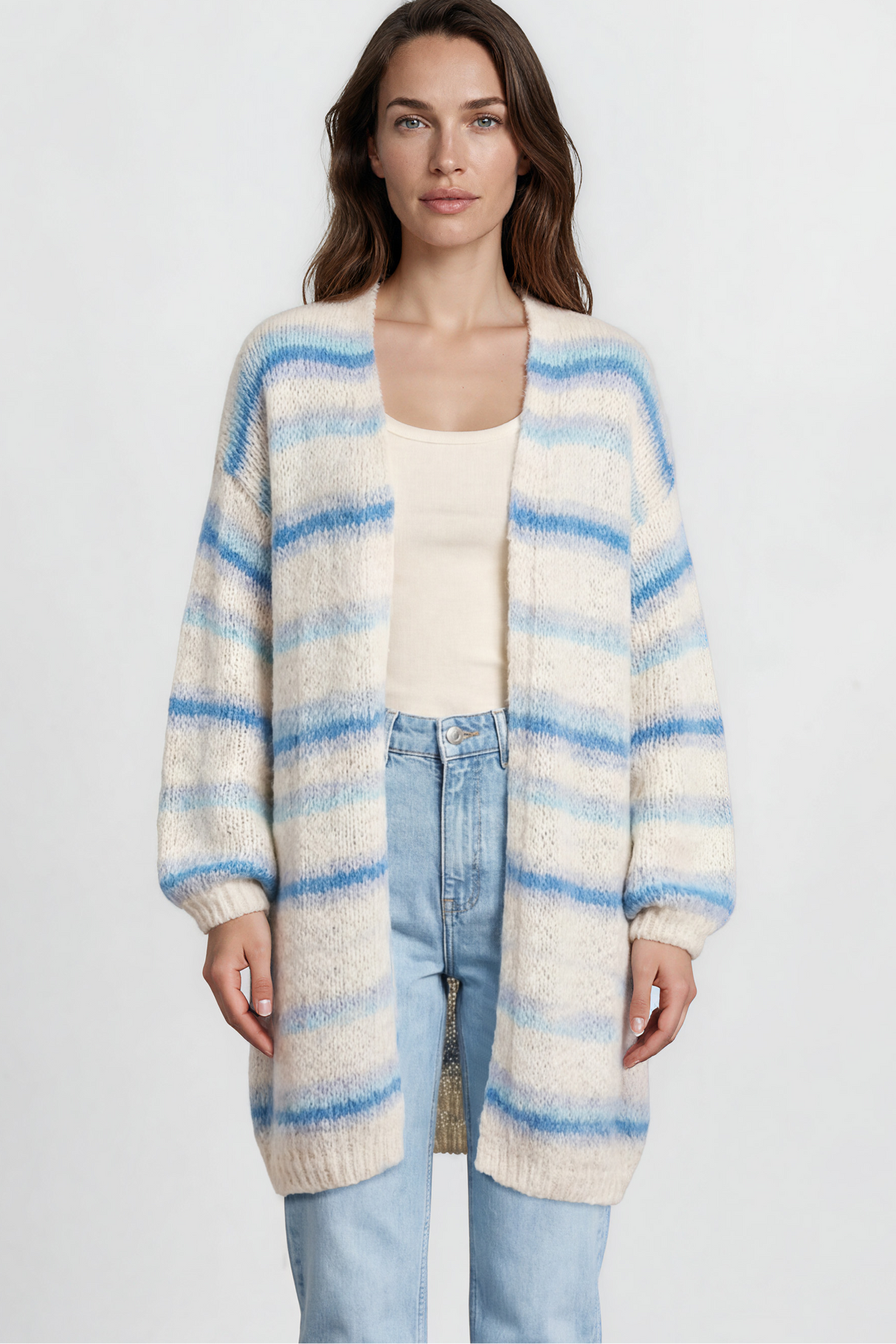 Model wearing Delaney Cardigan in Blue from Salty Crush