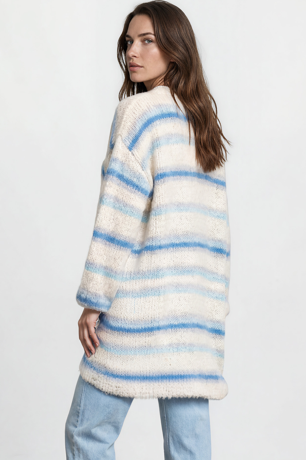 Model wearing Delaney Cardigan in Blue from Salty Crush