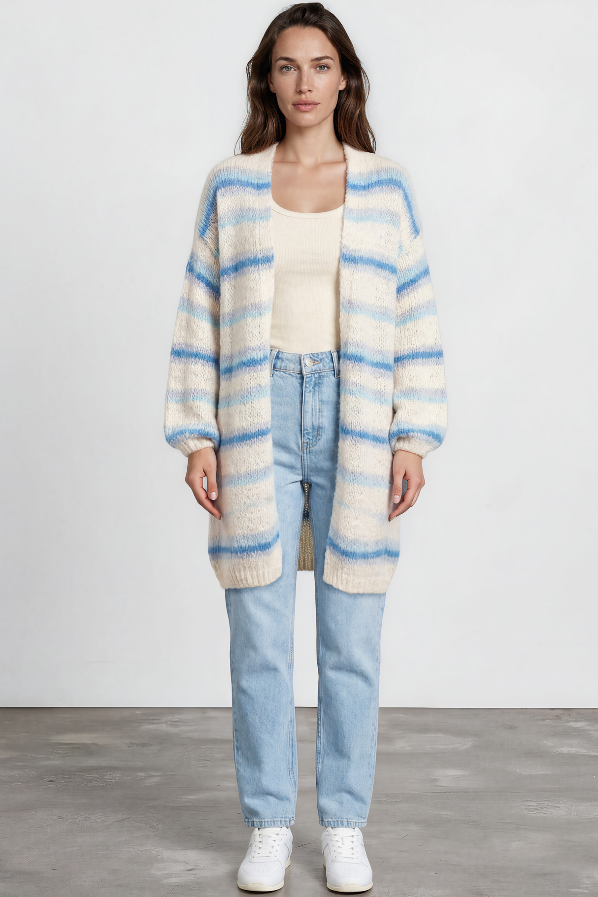 Model wearing Delaney Cardigan in Blue from Salty Crush