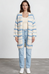 Model wearing Delaney Cardigan in Blue from Salty Crush