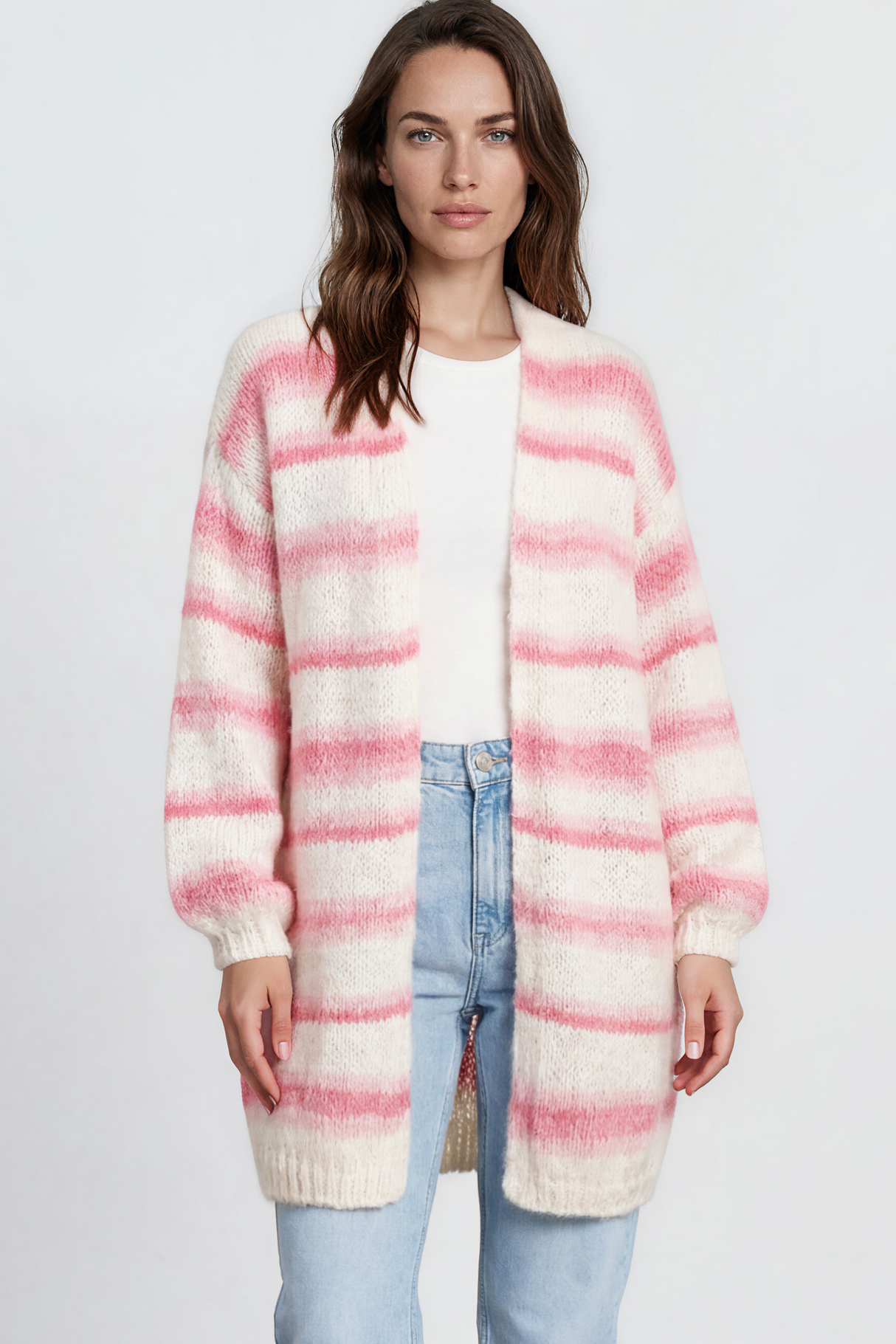 Model wearing Delaney Cardigan in Pink from Salty Crush