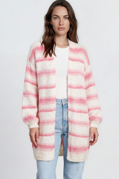 Model wearing Delaney Cardigan in Pink from Salty Crush