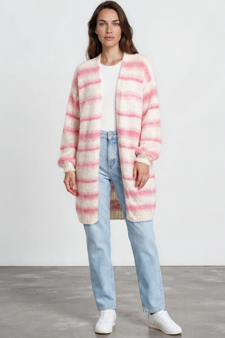 Model wearing Delaney Cardigan in Pink from Salty Crush