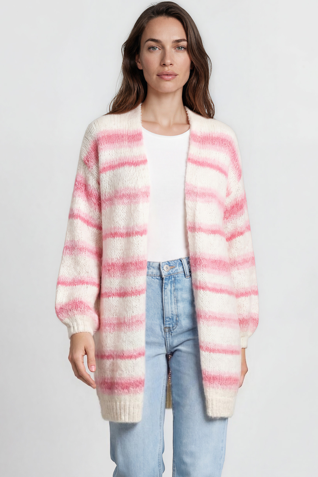 Model wearing Delaney Cardigan in Pink from Salty Crush