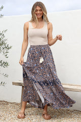Delany Maxi Skirt - High Waisted Skirt with Tassel Waist Tie and Front Splits in Floral Print