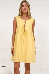 Della Mini Dress - Round Neck Tie Up Bodice Sleeveless Dress in Yellow