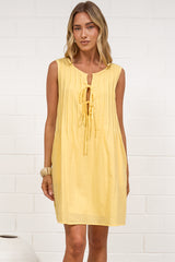 Della Mini Dress - Round Neck Tie Up Bodice Sleeveless Dress in Yellow