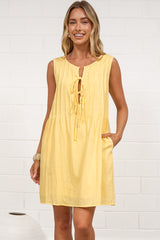 Della Mini Dress - Round Neck Tie Up Bodice Sleeveless Dress in Yellow