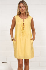 Della Mini Dress - Round Neck Tie Up Bodice Sleeveless Dress in Yellow