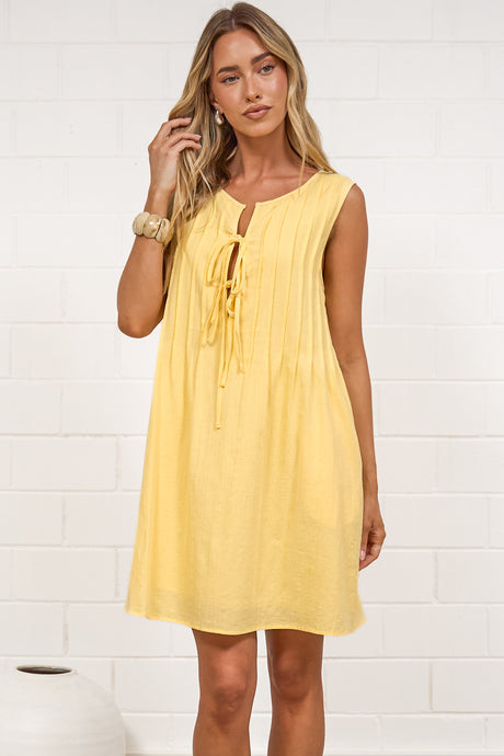 Della Mini Dress - Round Neck Tie Up Bodice Sleeveless Dress in Yellow