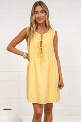 Della Mini Dress - Round Neck Tie Up Bodice Sleeveless Dress in Yellow