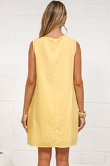 Della Mini Dress - Round Neck Tie Up Bodice Sleeveless Dress in Yellow