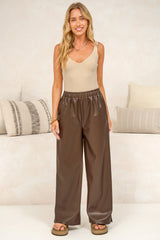 Delos Pants - Wet Look PU Leather Wide Leg Pants in Chocolate