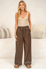 Delos Pants - Wet Look PU Leather Wide Leg Pants in Chocolate
