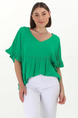 Delphy Top - V Neck Textured Pull Over Top with Wide Frill Sleeves in Green