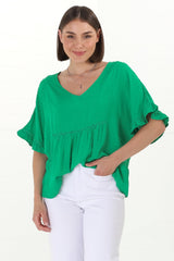 Delphy Top - V Neck Textured Pull Over Top with Wide Frill Sleeves in Green