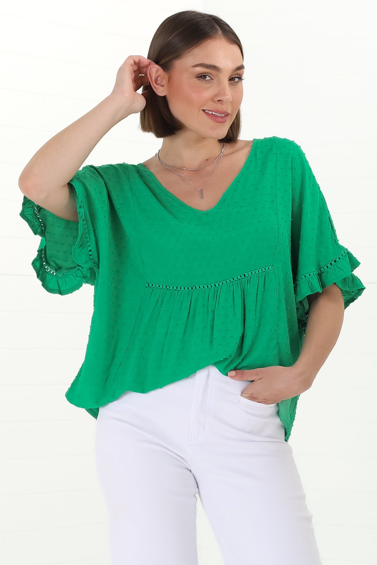 Delphy Top - V Neck Textured Pull Over Top with Wide Frill Sleeves in Green