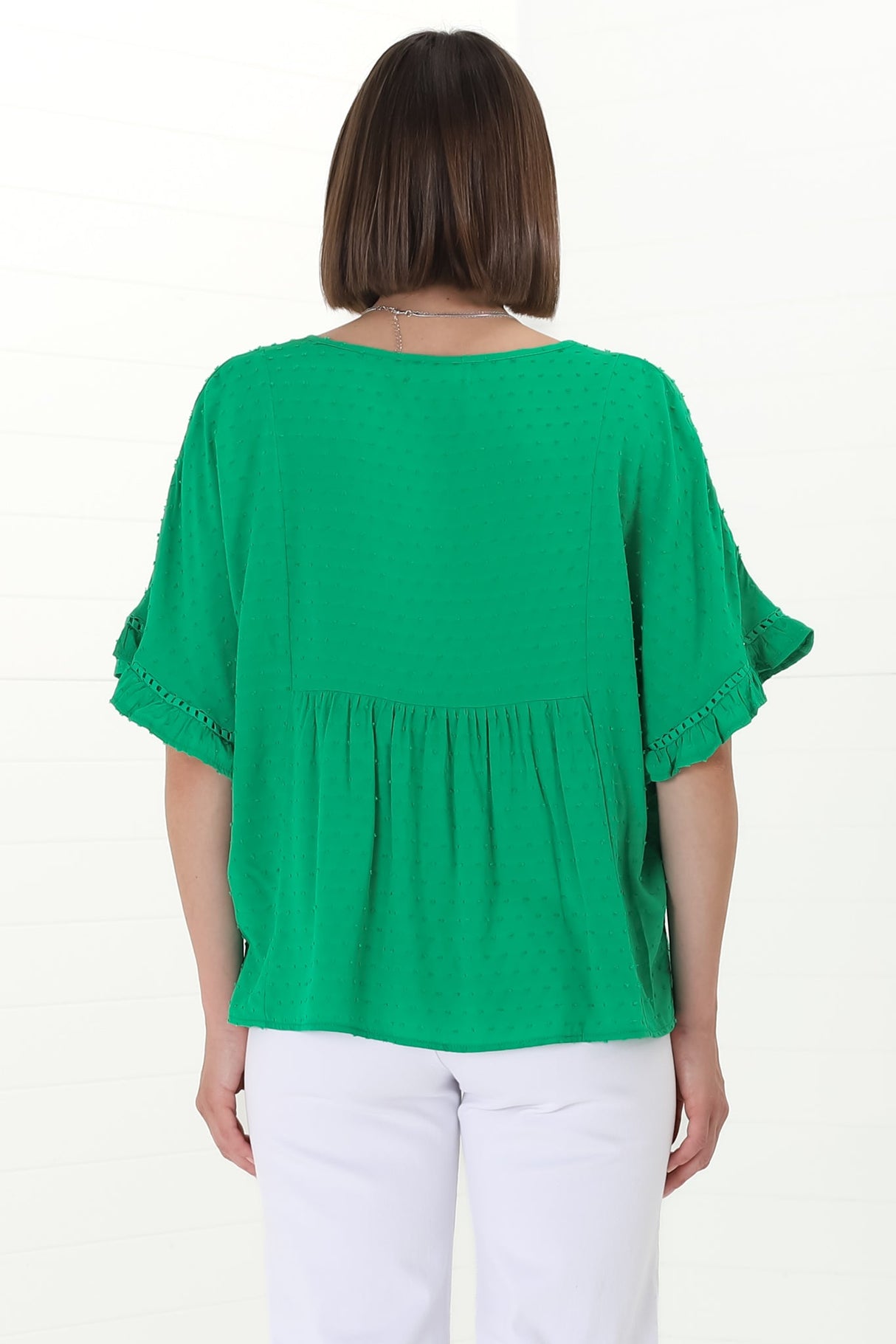 Delphy Top - V Neck Textured Pull Over Top with Wide Frill Sleeves in Green