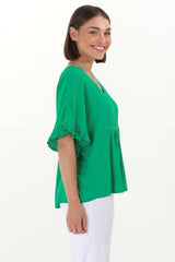 Delphy Top - V Neck Textured Pull Over Top with Wide Frill Sleeves in Green