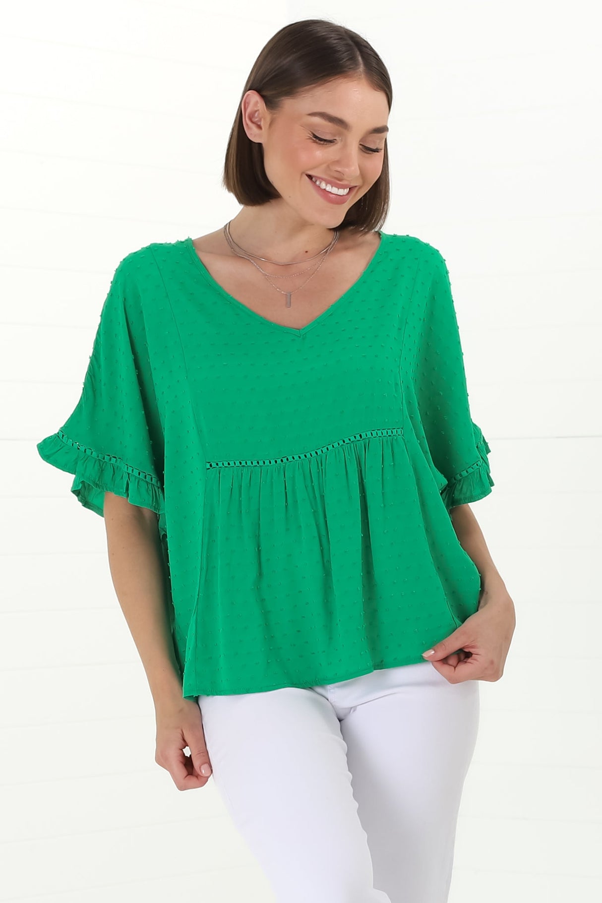 Delphy Top - V Neck Textured Pull Over Top with Wide Frill Sleeves in Green