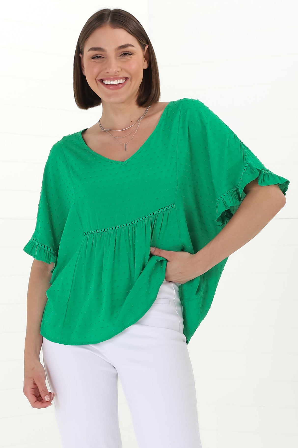 Delphy Top - V Neck Textured Pull Over Top with Wide Frill Sleeves in Green