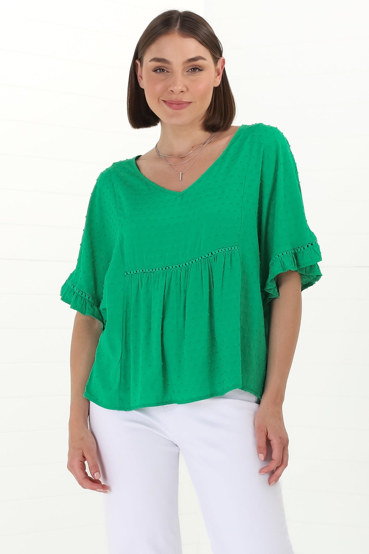 Delphy Top - V Neck Textured Pull Over Top with Wide Frill Sleeves in Green