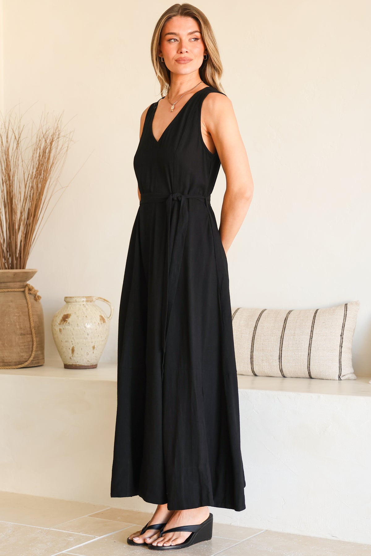 Delphy Midi Dress - Linen V Neck Sleeveless A-Line Dress with Waist Tie in Black
