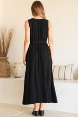 Delphy Midi Dress - Linen V Neck Sleeveless A-Line Dress with Waist Tie in Black
