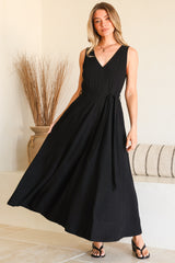 Delphy Midi Dress - Linen V Neck Sleeveless A-Line Dress with Waist Tie in Black