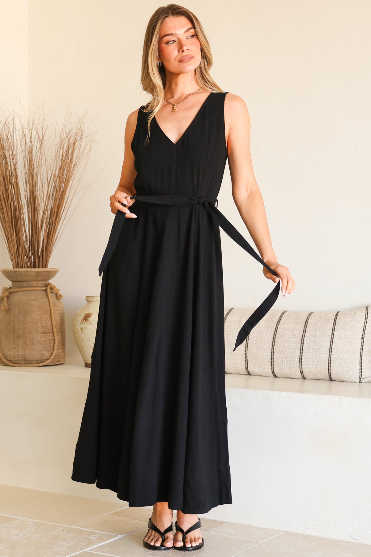 Delphy Midi Dress - Linen V Neck Sleeveless A-Line Dress with Waist Tie in Black