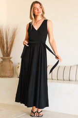 Delphy Midi Dress - Linen V Neck Sleeveless A-Line Dress with Waist Tie in Black