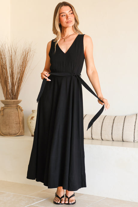 Delphy Midi Dress - Linen V Neck Sleeveless A-Line Dress with Waist Tie in Black
