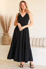 Delphy Midi Dress - Linen V Neck Sleeveless A-Line Dress with Waist Tie in Black