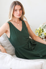 Delphy Midi Dress - Linen V Neck Sleeveless A-Line Dress with Waist Tie in Emerald