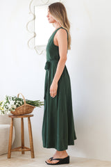Delphy Midi Dress - Linen V Neck Sleeveless A-Line Dress with Waist Tie in Emerald