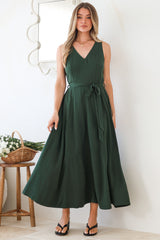 Delphy Midi Dress - Linen V Neck Sleeveless A-Line Dress with Waist Tie in Emerald
